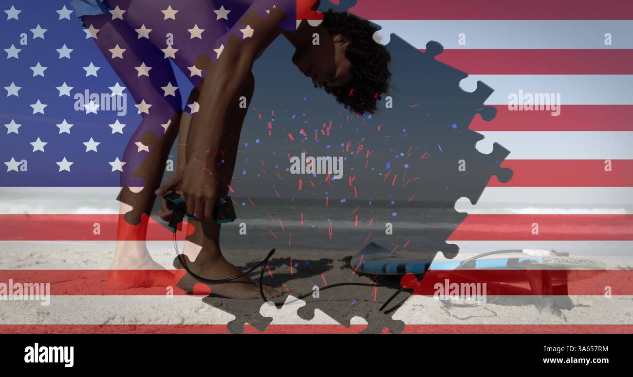 Immagine di una bandiera americana che sventola con puzzle che rivela l'uomo birazziale sulla spiaggia in riva al mare Foto Stock