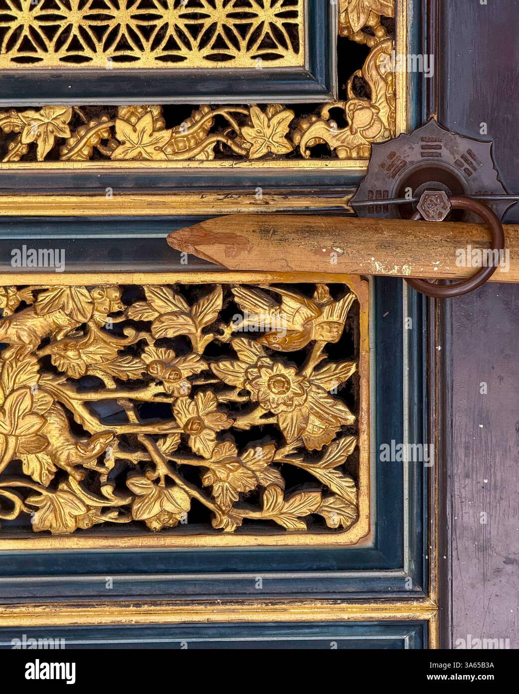 Una porta dorata splendidamente intagliata con intricati motivi floreali e geometrici, fissata con una serratura rustica in legno. Foto Stock
