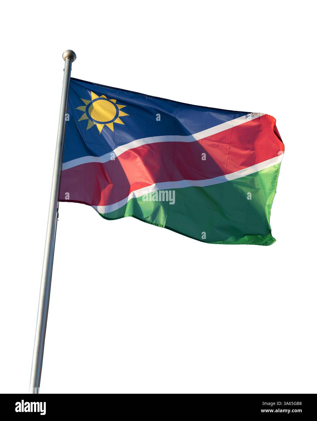 Bandiera nazionale della Namibia che oscilla - isolata sul bianco Foto Stock