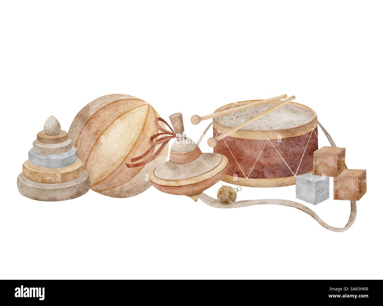 Composizione acquerello: Tamburo, piramide, cubi, top, palla. Illustrazione per bambini disegnata a mano in stile retrò su sfondo isolato per Foto Stock