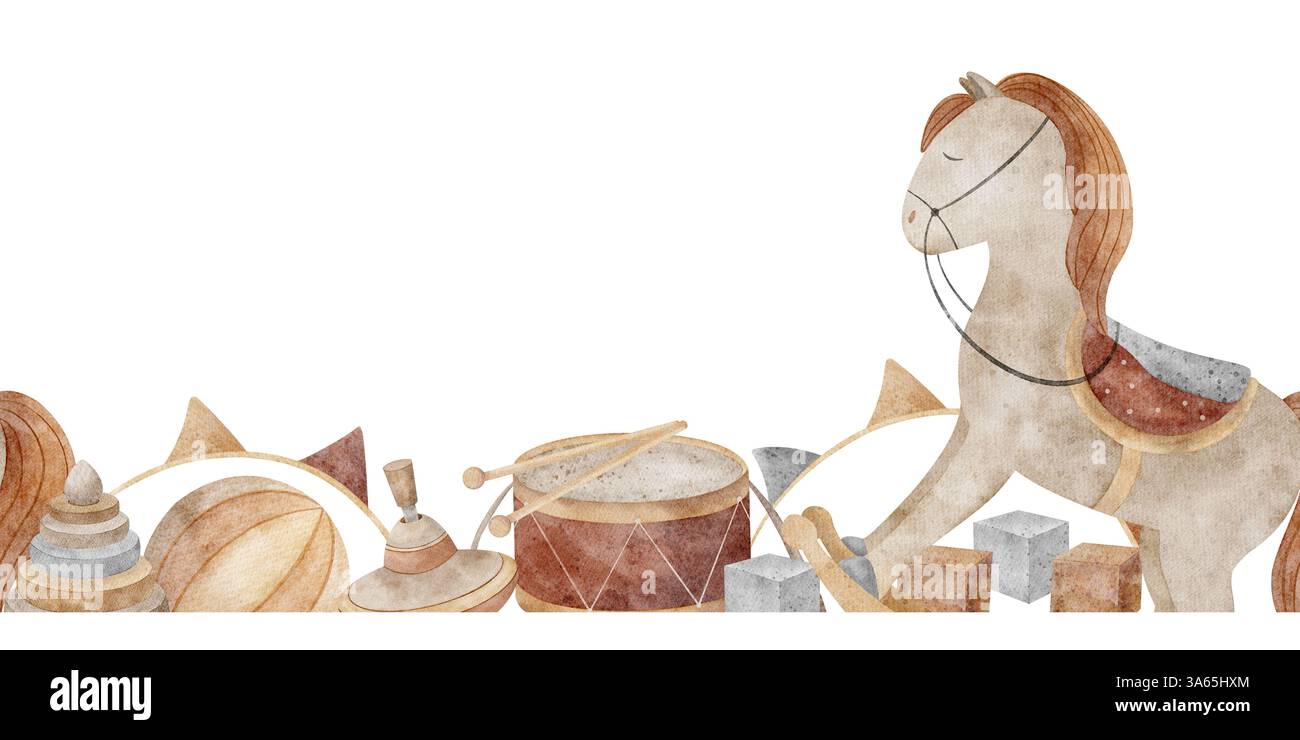 Acquerello bordo senza cuciture giocattoli per bambini altalena, tamburo, palla, top rotante, cubi, flag. Illustrazione isolata con striscione senza cuciture disegnata a mano per Foto Stock