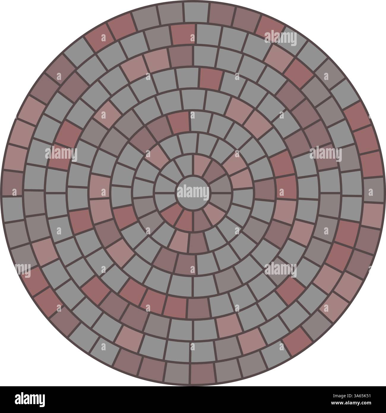Tessera con motivo circolare pavimentato. Mosaico circolare in mattoni. Pavimentazione in pietra radiale rotonda. Piastrelle di pavimentazione struttura semplice del pavimento. Pietre rosse. Illustrazione vettoriale Illustrazione Vettoriale