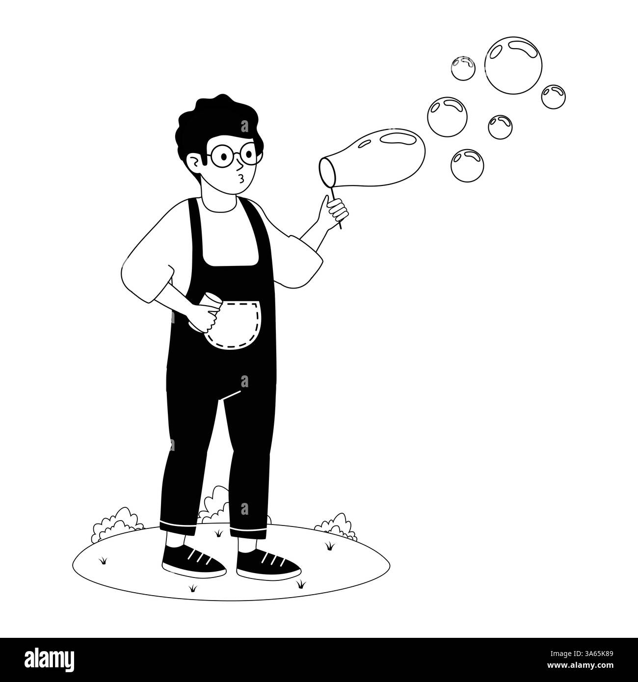 Un bambino che soffia bolle nel parco in una giornata di sole mentre si diverte a giocare all'aperto Illustrazione Vettoriale