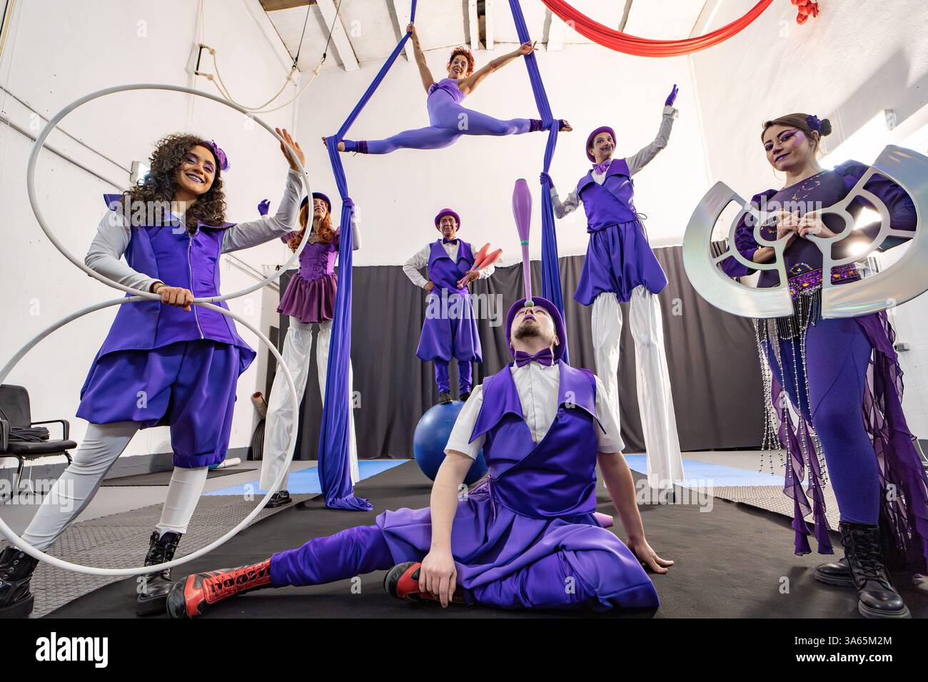 Artisti del circo in vivaci costumi viola che mostrano abilità come hula hooping, giocoleria e acrobazie aeree Foto Stock Artisti del circo in vivaci costumi viola che mostrano abilità come hula hooping, giocoleria e acrobazie aeree Foto Stock