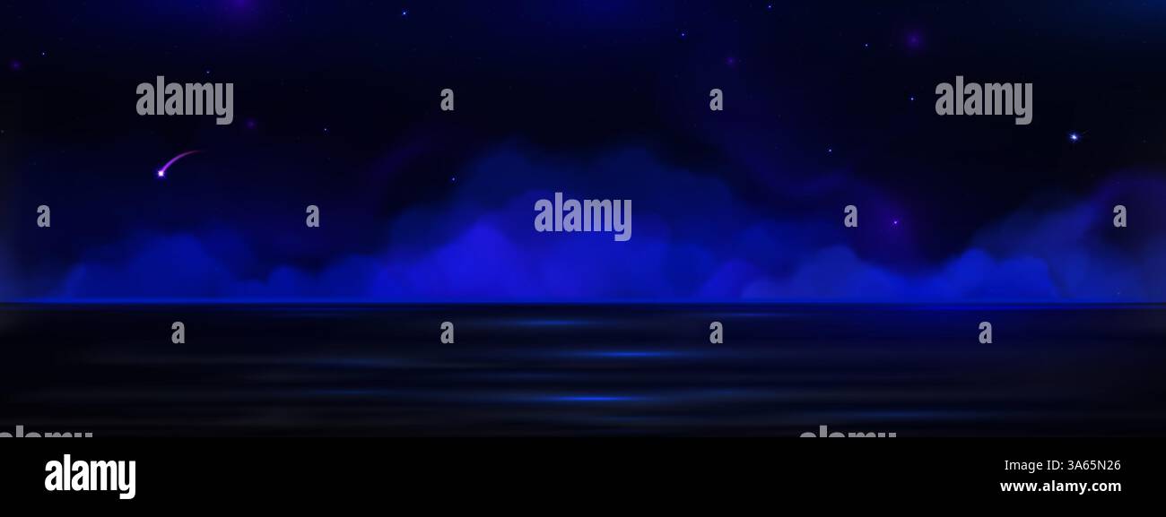 Cielo di mezzanotte sullo sfondo con fumo da sogno e nebbia nebbia nebulizzata che scivola sull'acqua calma, fantasy scenario notturno, misteriosa atmosfera con eterea nebbia blu e scintillanti stelle nello spazio celeste scuro. Illustrazione Vettoriale
