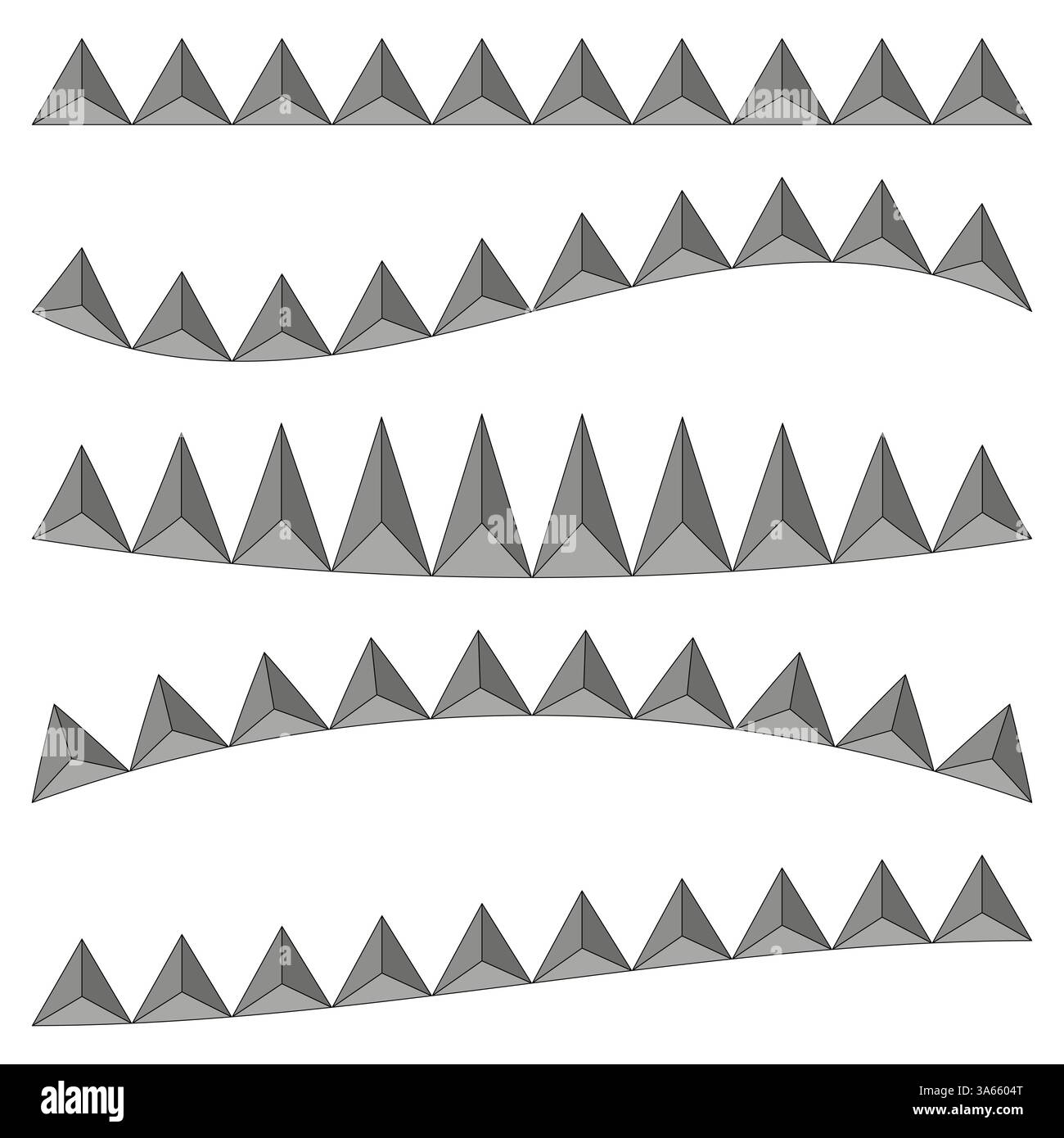 Schema dei bordi piramidali. Forme triangolari ripetute. Design in bianco e nero. Concetto di linea decorativa. Illustrazione Vettoriale