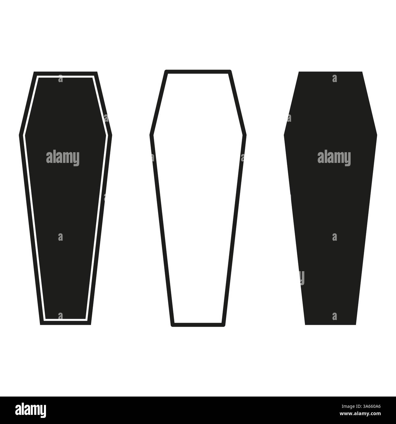 Tre forme di bara. Simboli funerari. Icona morte e lutto. Design a cofanetto nero. Illustrazione Vettoriale
