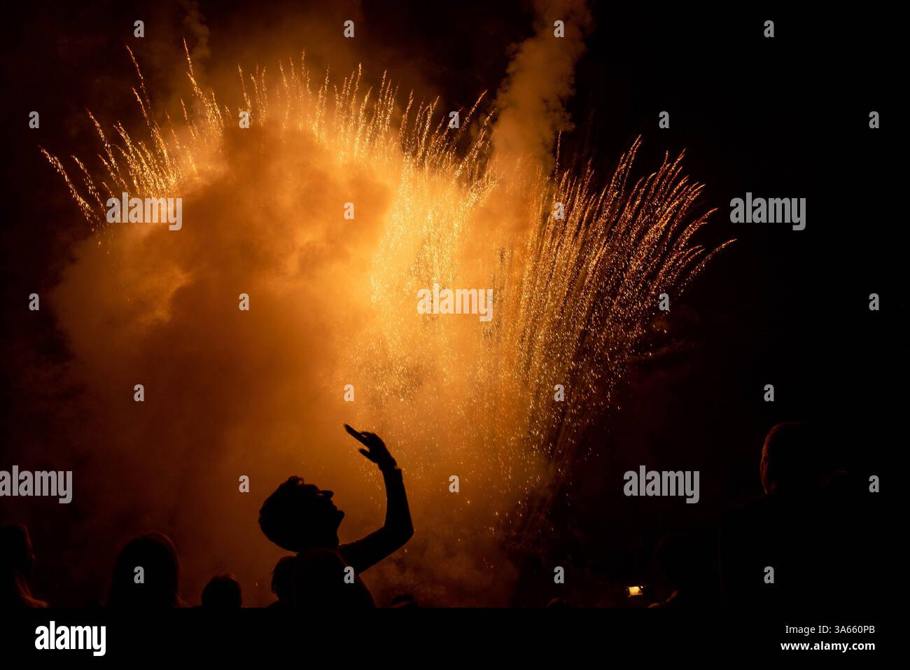 Una persona si vede in silhouette mentre scatta un selfie con un cellulare sullo sfondo di uno spettacolo di fuochi d'artificio il 4 luglio o la vigilia di Capodanno. Foto Stock