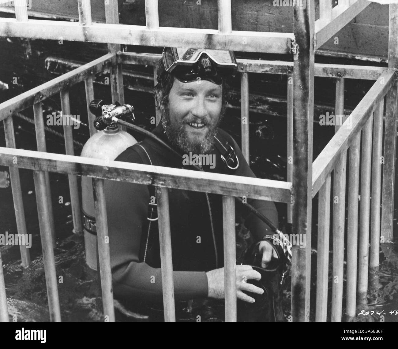 TITOLO DEL FILM: JAWS. DIRETTORE: Steven Spielberg STUDIO: UNIVERSAL PICTURES. TRAMA: Dal romanzo più venduto di Peter Benchley: When a Great White Shark terrorizza una famosa località del Massachusetts durante la stagione turistica estiva, tre partner improbabili si uniscono per dare la caccia ai pesci canaglia. Sono il nuovo capo della polizia recentemente trasferito da New York (Roy Scheider), un giovane oceanografo universitario (Richard Dreyfuss), e un maestro pescatore, Quint (Robert Shaw), un eccentrico cacciatore di squali grizzled. Vincitore di 3 Academy Awards: Miglior suono, miglior colonna sonora originale, miglior Film Edi Foto Stock