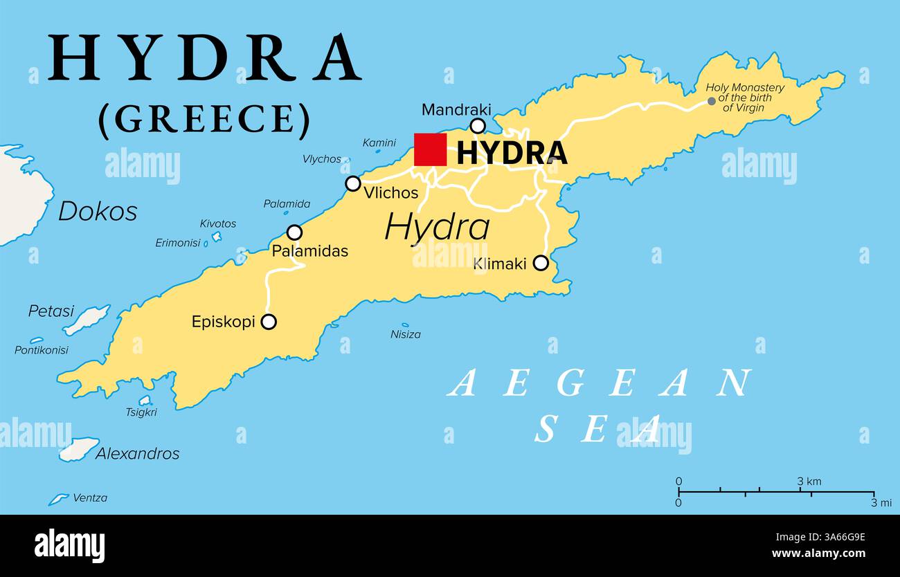 Hydra, isola greca, mappa politica. Una delle isole Saroniche della Grecia nel Mar Egeo. Anche Ydra o Idra, e nell'antichità Hydrea. Foto Stock