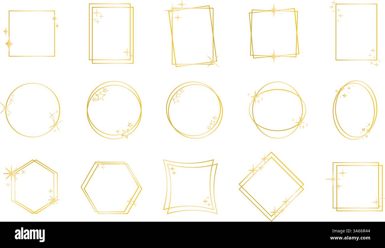 Cornici dorate con scintille, scintillanti e stelle. Forma quadrata, rotonda, rombo, ovale con particelle glitter. Modelli di bordo per le festività, vettore Illustrazione Vettoriale