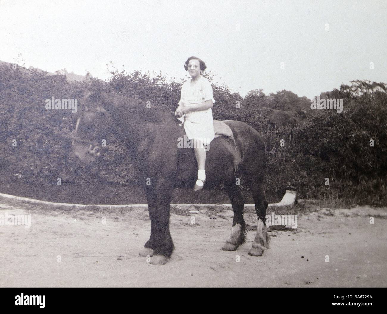 Inghilterra. Posizione precisa sconosciuta ma probabile a Londra, Surrey o nelle aree circostanti: Una giovane signora con un vestito bianco, seduta a cavallo. Da un album di fotografie degli anni '20, prevalentemente di moda britannica e storia sociale. Le foto originali erano principalmente di circa 3 x 2 pollici, con tonalità seppia e scattate da un buon fotografo amatoriale. Foto Stock