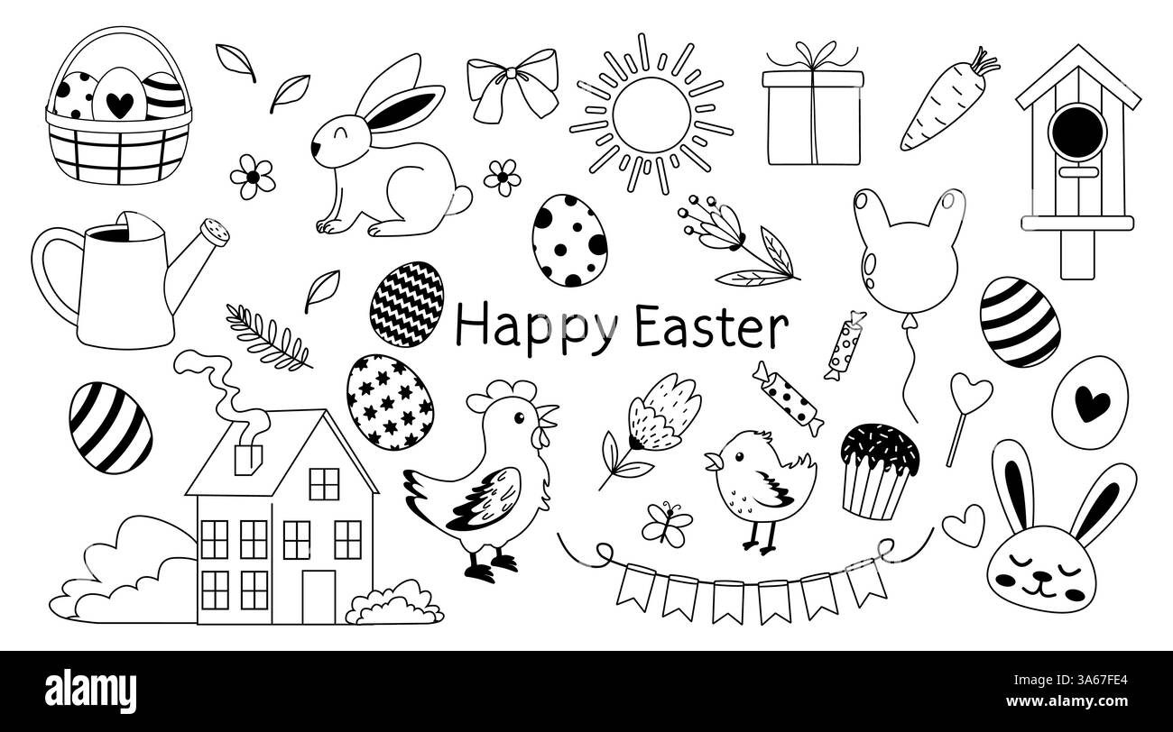 Colorate illustrazioni pasquali con uova, coniglietti e fiori che celebrano la primavera Illustrazione Vettoriale