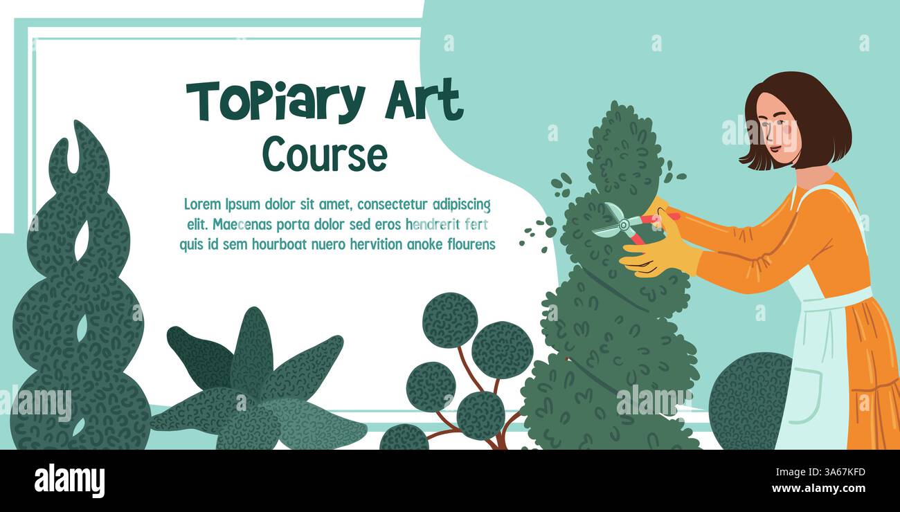 Modello banner orizzontale con invito a corsi di arte topiaria. Una donna rifinisce le conifere in giardino. Illustrazione vettoriale Illustrazione Vettoriale