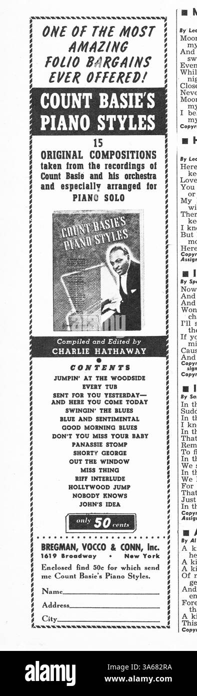 Un annuncio da una rivista musicale del 1940 per un libro di Count Basie partiture arrangiate per pianoforti. Il venditore era Bregman, Vocco & Conn, Inc a New York e il libro si chiamava Count Basie piano Styles. Il prezzo era di 50 centesimi. Foto Stock