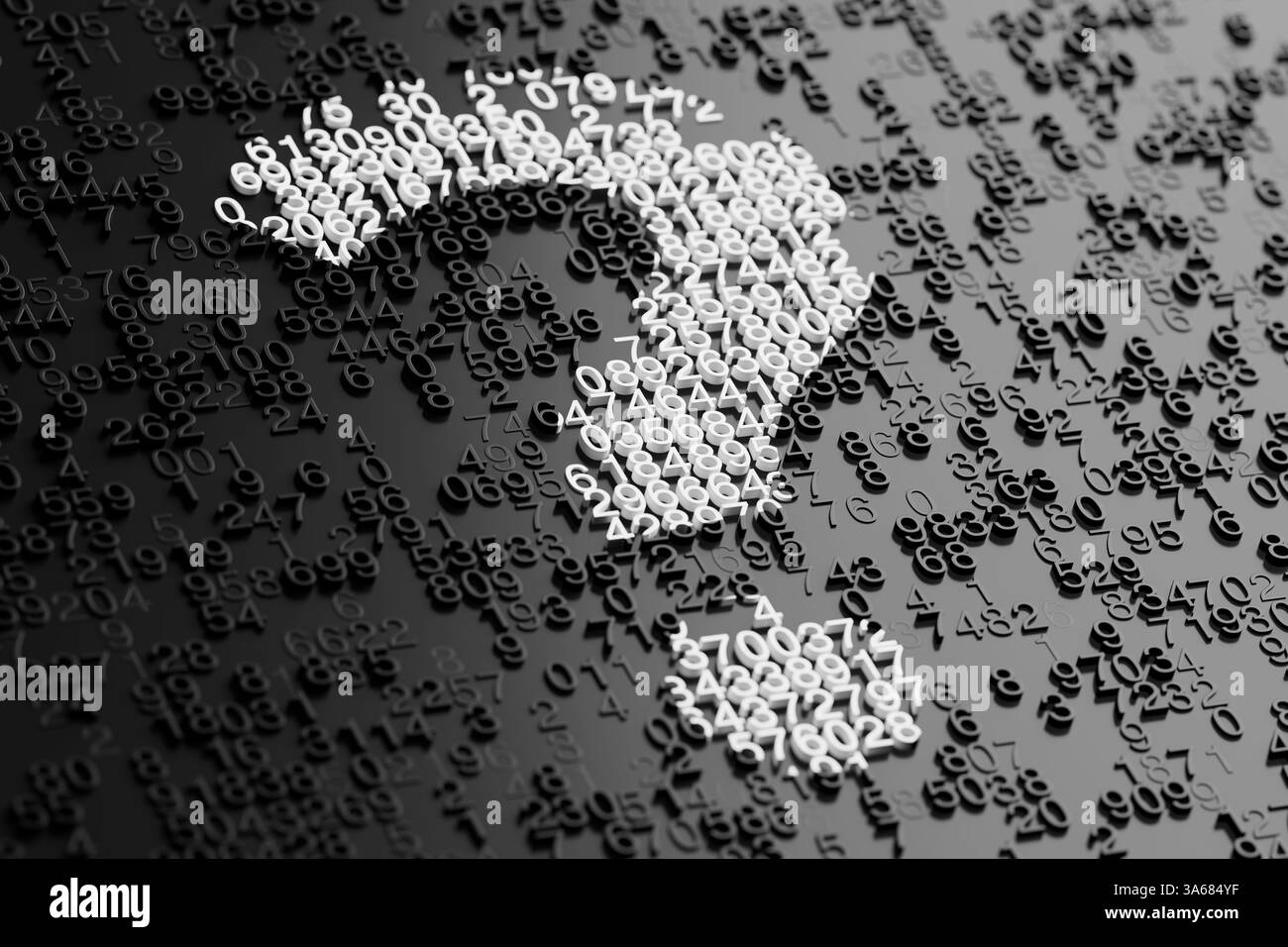 Punto interrogativo come nero astratto numeri casuali caratteri numerici trama di sfondo primo piano estremo. Rendering 3d. Foto Stock