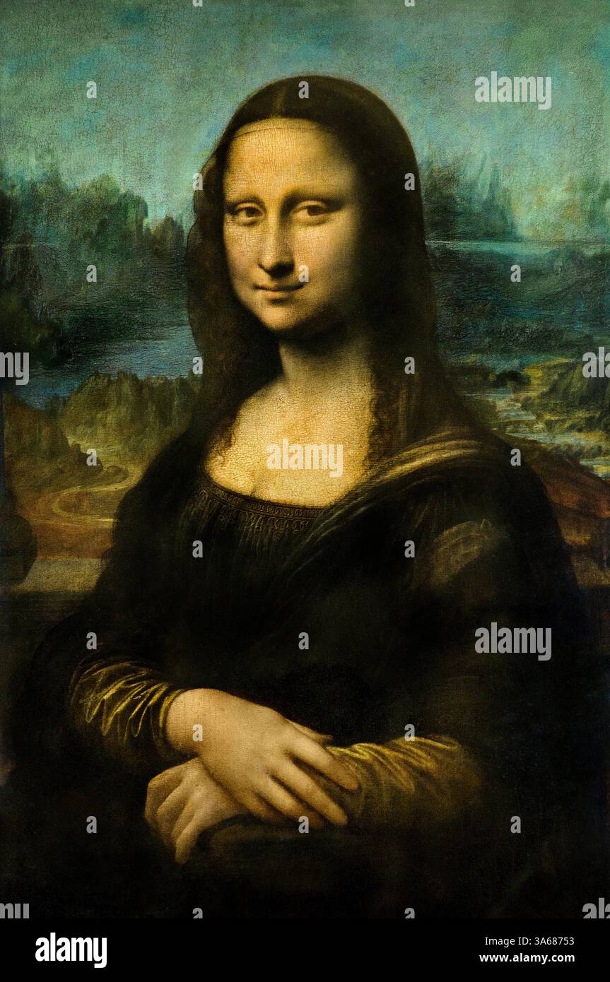 Mona Lisa - la Gioconda 1503 Leonardo da Vinci 1425 - 1519 Italian, Italy, Louvre France fine Art Museum Paris.( Gioconda, pittura ad olio su un pannello di pioppo di Leonardo da Vinci, probabilmente il dipinto più famoso al mondo. Fu dipinta tra il 1503 e il 1519, quando Leonardo viveva a Firenze, e ora è esposta al Museo del Louvre di Parigi, ) Foto Stock