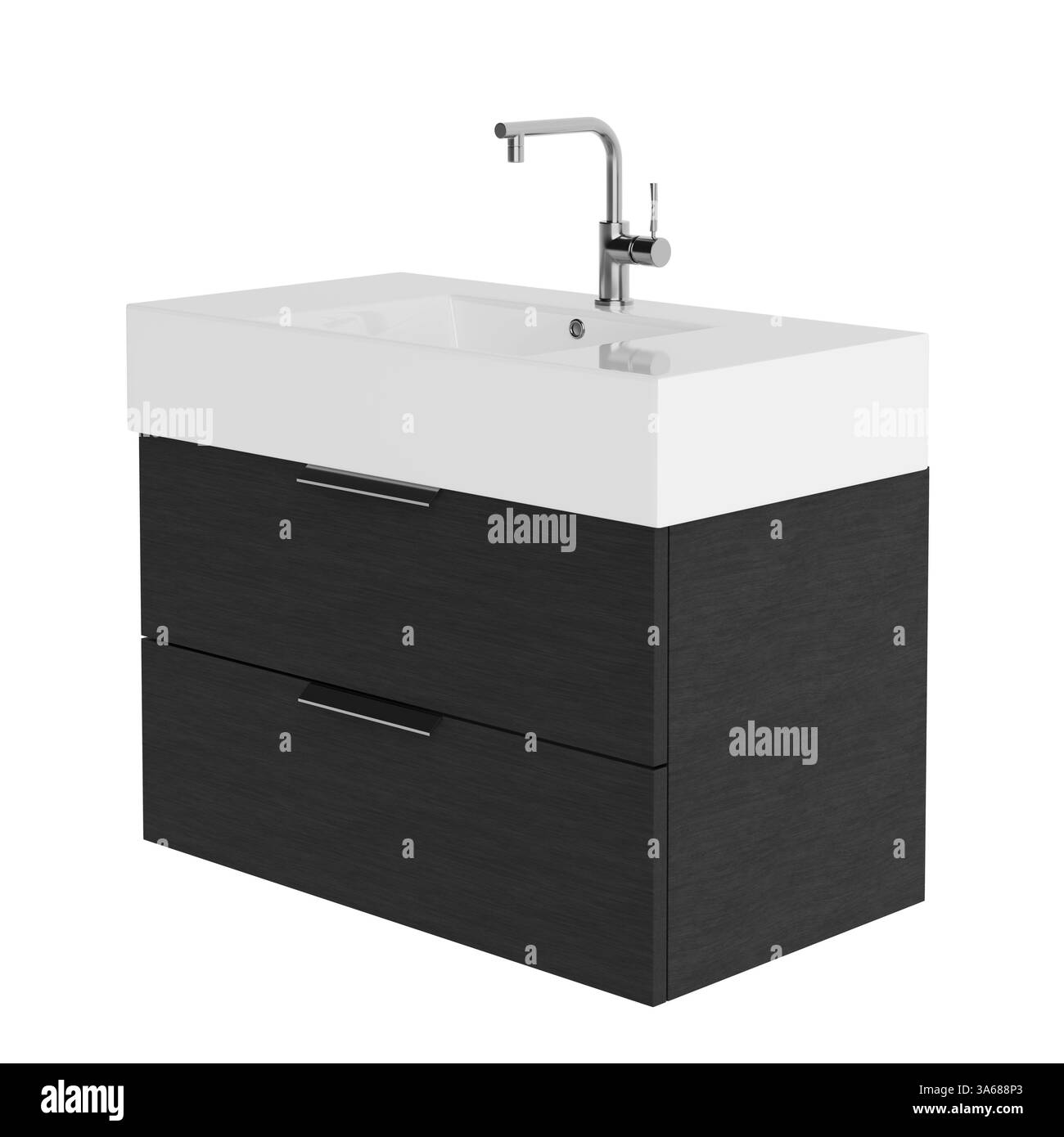 Armadietto per mobili da bagno in legno nero con rubinetto su sfondo bianco. Rendering 3d. Foto Stock