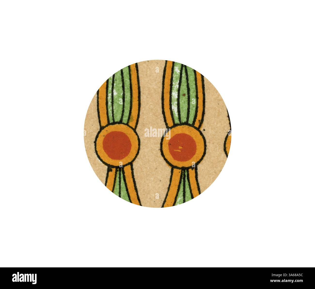 Design circolare con elementi verdi e arancioni alternati, disposti in un motivo ritmico su uno sfondo chiaro. La composizione trasuda un'estetica giocosa e decorativa. Arte classica con un tocco moderno reinventata da Artotop, trasformata in ornamento egiziano Foto Stock