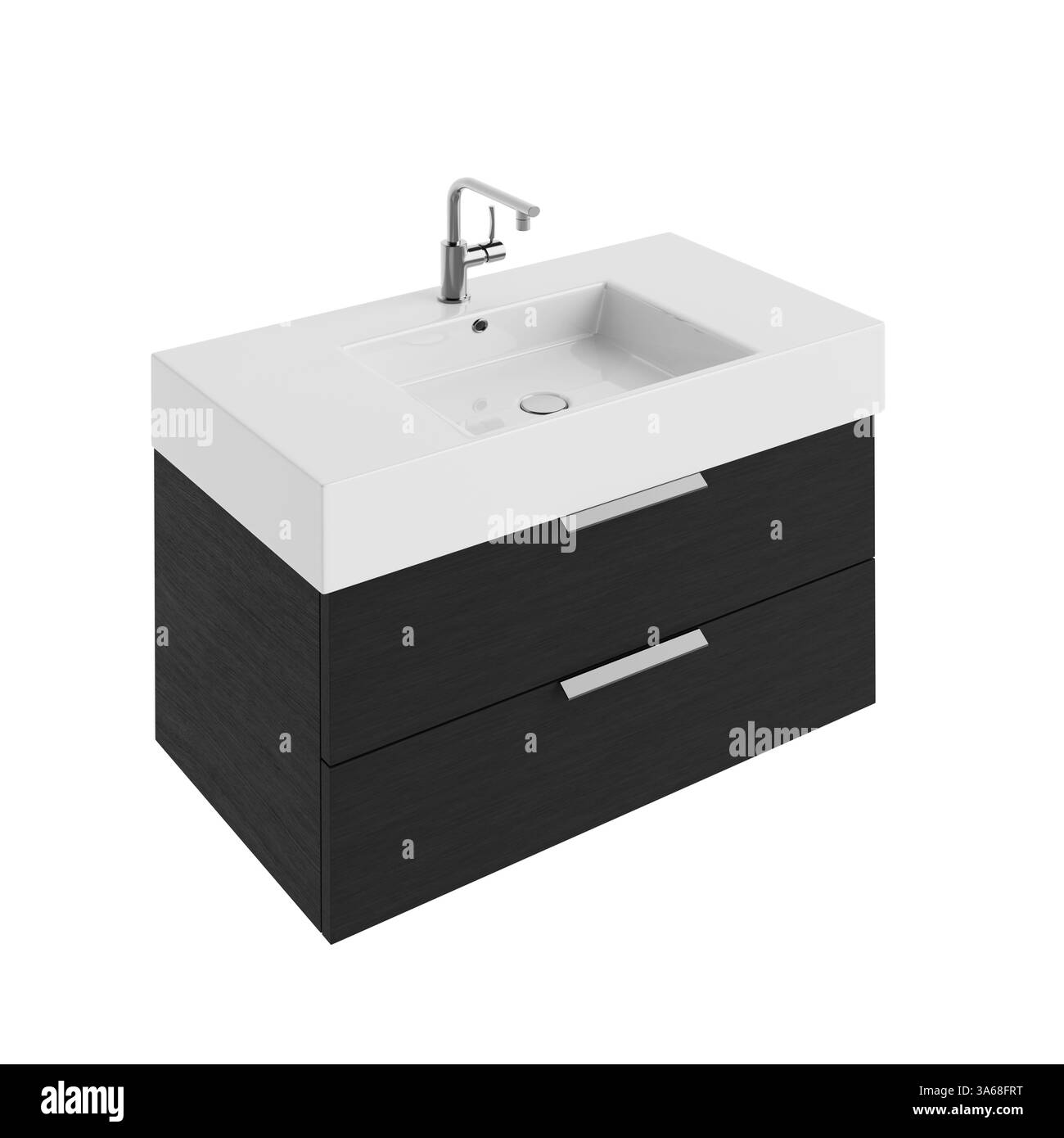 Armadietto per mobili da bagno in legno nero con rubinetto su sfondo bianco. Rendering 3d. Foto Stock