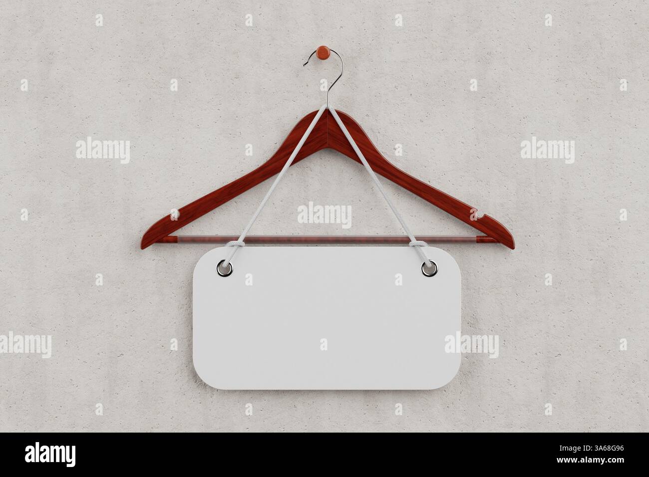 Appendiabiti in legno rosso naturale Premium con barra antiscivolo e etichetta di vendita vuota con corda su sfondo bianco in cemento. Rendering 3d. Foto Stock