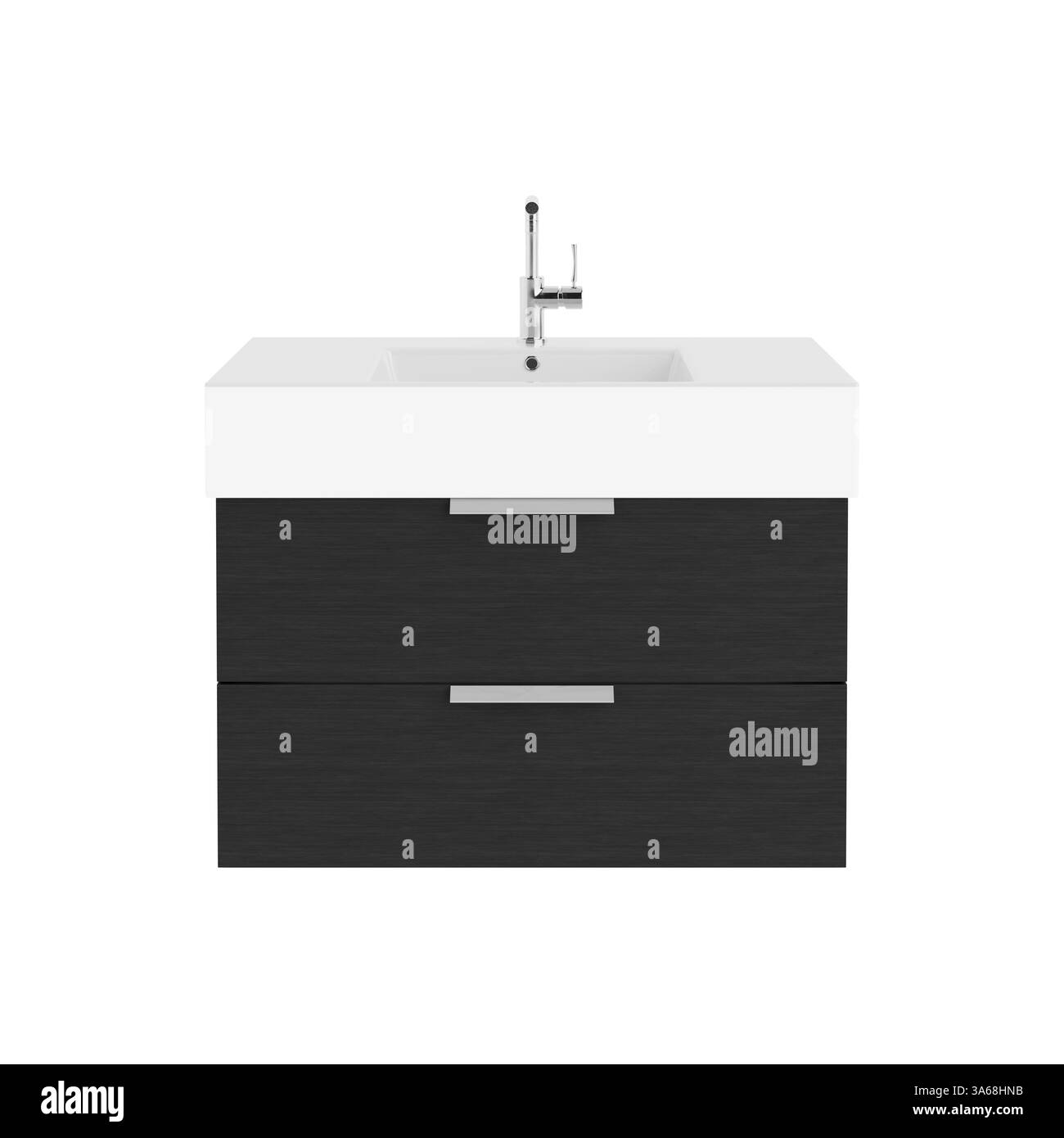 Armadietto per mobili da bagno in legno nero con rubinetto su sfondo bianco. Rendering 3d. Foto Stock