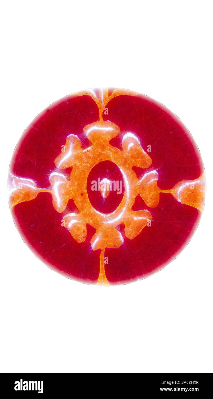 Un design vibrante e circolare caratterizzato da motivi intricati e colori audaci, che irradiano energia e simmetria armoniosa. Il motivo centrale è evidenziato da forme contrastanti che evocano un senso di equilibrio e unità. Arte classica con un tocco moderno reinventata da Artotop, trasformata in ornamento Pompeiano Foto Stock