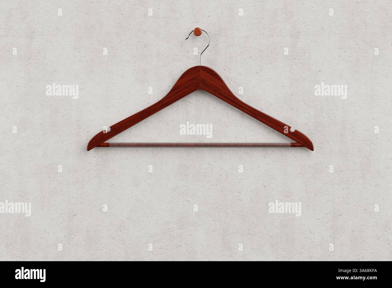 Appendiabiti in legno rosso naturale Premium con barra antiscivolo su sfondo bianco in cemento. Rendering 3d. Foto Stock