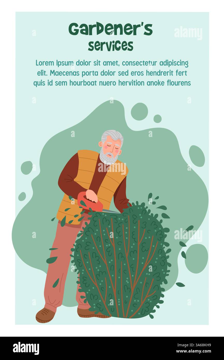 Un uomo anziano rifinisce un cespuglio con delle forbici. Modello di banner pubblicitari servizi per giardinieri. Illustrazione vettoriale Illustrazione Vettoriale