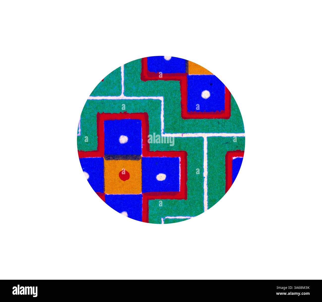 Un vivace motivo geometrico caratterizzato da audaci forme rosse, blu, verdi e gialle disposte in un design ripetitivo, accentuato da piccoli punti bianchi. Arte classica con un tocco moderno reinventata da Artotop, ha trasformato l'ornamento persiano Foto Stock