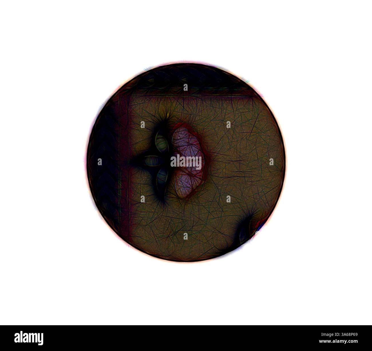 Una vista ravvicinata dei tratti del viso stilizzati all'interno di una cornice circolare, che mostra texture e colori intriganti che creano un senso di profondità e arte. Arte classica con un tocco moderno reinventata da Artotop, un ornamento indiano trasformato Foto Stock