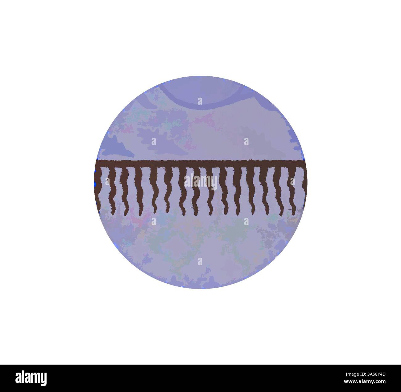 Un design circolare caratterizzato da un morbido sfondo lavanda con motivi astratti simili a onde, completato da linee più scure e intricate sul fondo che ricordano una tenda fluida. Arte classica con un tocco moderno reinventata da Artotop, trasformata in ornamento rinascimentale Foto Stock