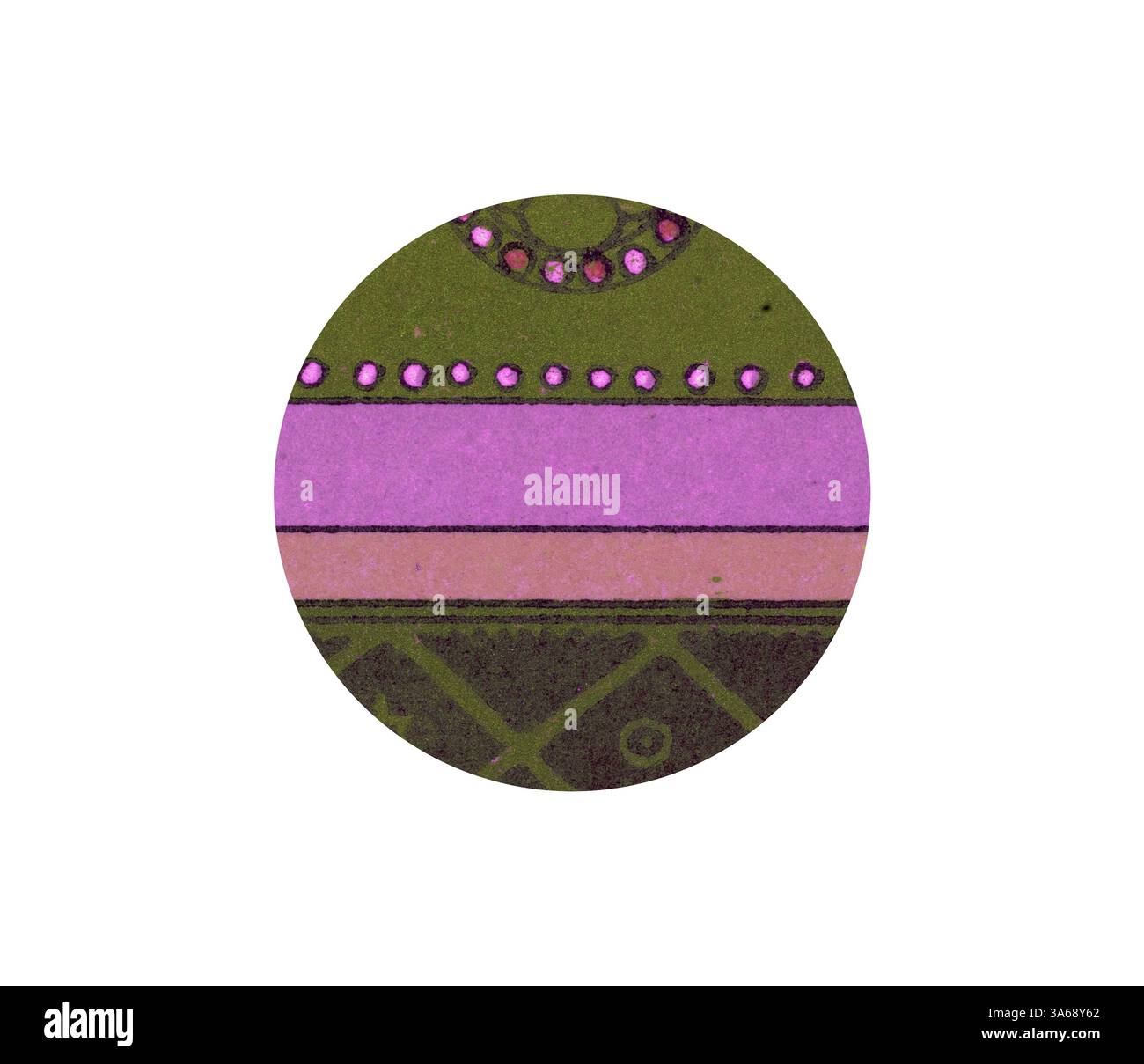 Un design circolare con motivi geometrici a strati e colori vivaci, tra cui tonalità di verde, rosa e viola, che creano una composizione visivamente sorprendente e ritmica. Arte classica con un tocco moderno reinventata da Artotop, trasformata in ornamento rinascimentale Foto Stock