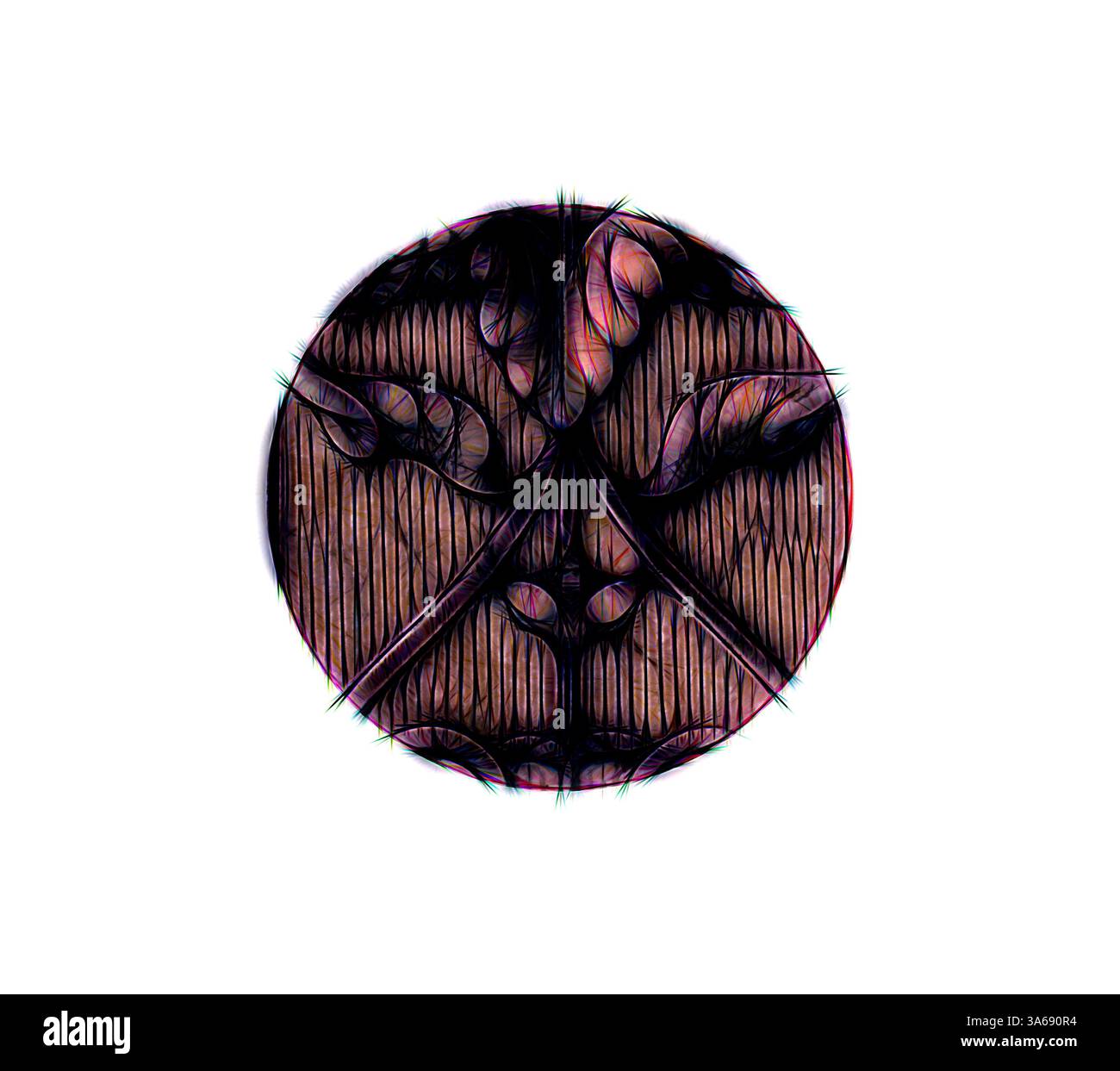 Il design circolare stilizzato presenta motivi complessi che ricordano il volto di un leone, con forme geometriche sottilmente integrate nella composizione, che incarnano un senso di forza e maestosità. Arte classica con un tocco moderno reinventata da Artotop, trasformata in ornamento rinascimentale Foto Stock