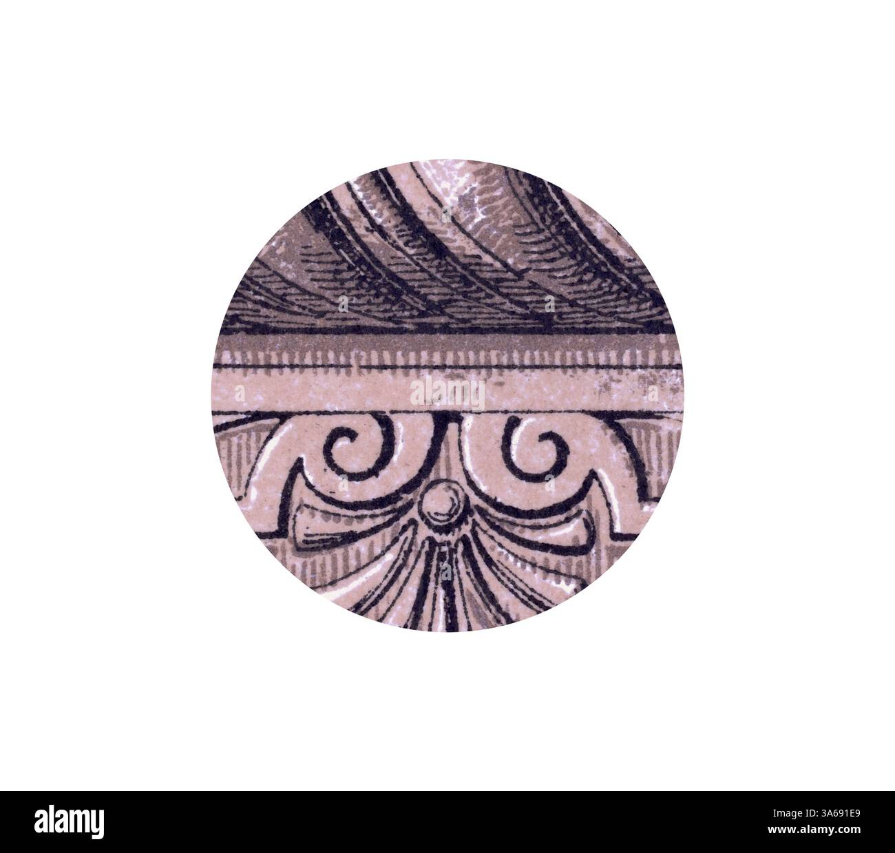 Un design circolare caratterizzato da intricati vortici e motivi geometrici che evocano un senso di architettura classica ed eleganza. Arte classica con un tocco moderno reinventata da Artotop, trasformata in ornamento rinascimentale Foto Stock