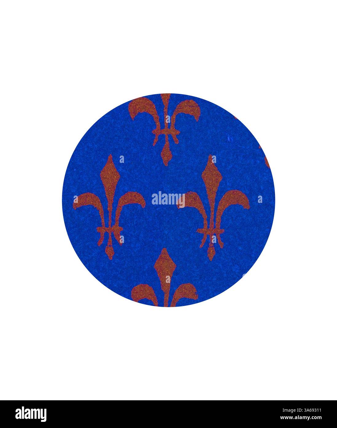 Lo sfondo blu brillante presenta un motivo intricato di motivi dorati in fleur-de-lis, che creano un design elegante e dinamico. Arte classica con un tocco moderno reinventata da Artotop, trasformata in Mediæval Ornament Foto Stock