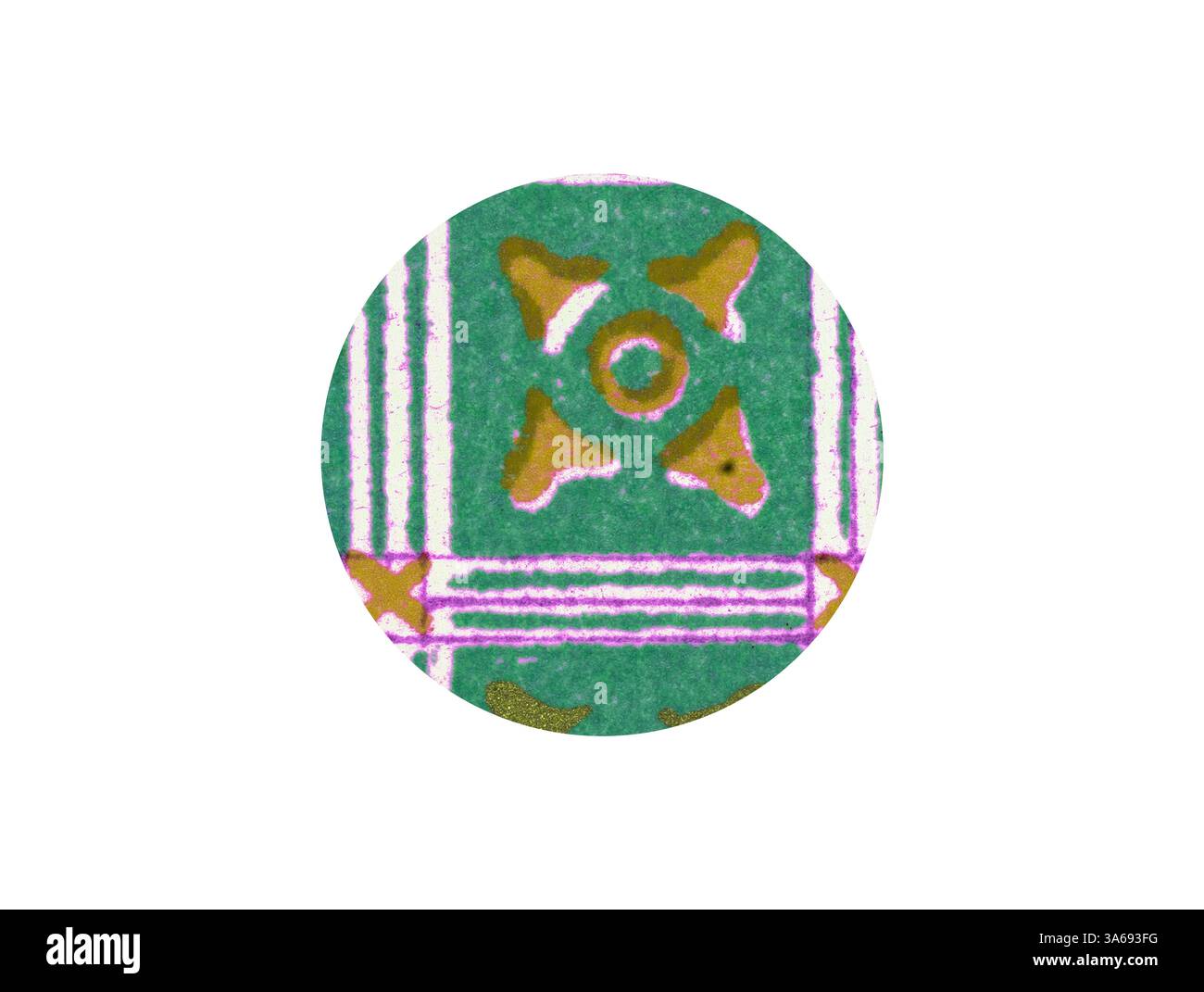 Un design circolare caratterizzato da fantasie intricate in verde vivace, accentuato da elementi oro e rosa. I motivi includono forme e linee stilizzate che creano una composizione armoniosa e artistica. Arte classica con un tocco moderno reinventata da Artotop, trasformata in Mediæval Ornament Foto Stock