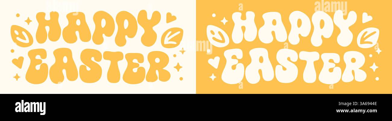 Buona Pasqua lettering lettere ondulate hippie carino di benvenuto per bambini foglie carine cuore retro vintage 80 giallo testo tipografico banner tipografico. Illustrazione Vettoriale