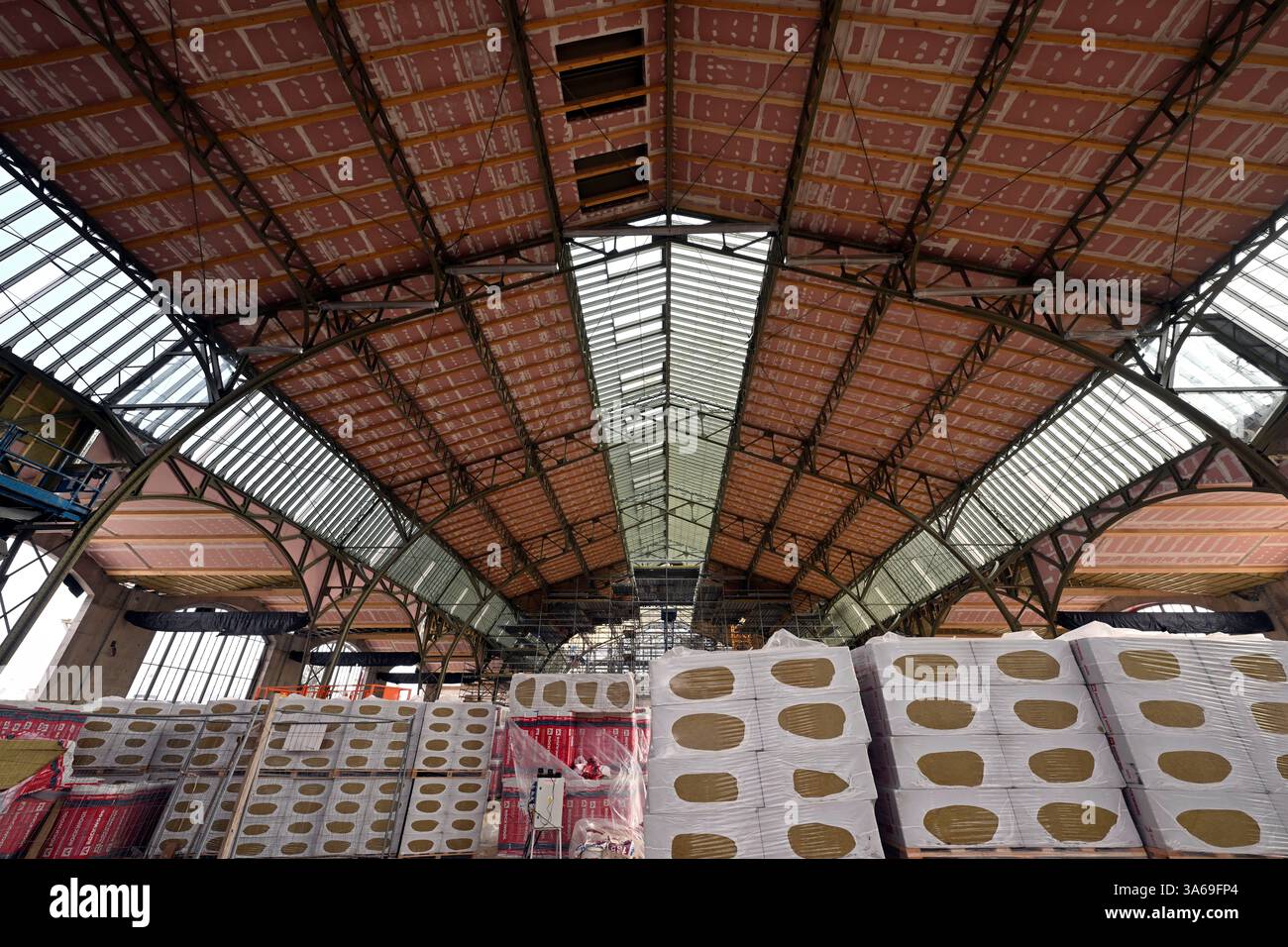 Praga, Repubblica Ceca. 25 marzo 2025. Tour della ricostruzione del Palazzo industriale presso la zona espositiva di Praga, 25 marzo 2025. Il Palazzo industriale bruciò nel 2008. Il costo della ricostruzione è di circa 2,64 miliardi di CZK, da completare nel 2024. I lavori saranno svolti dalla società consortile per il Palazzo industriale guidato da Metrostav. Le difficoltà a lungo termine hanno accompagnato gli sforzi di completamento. Crediti: Katerina Sulova/CTK Photo/Alamy Live News Foto Stock