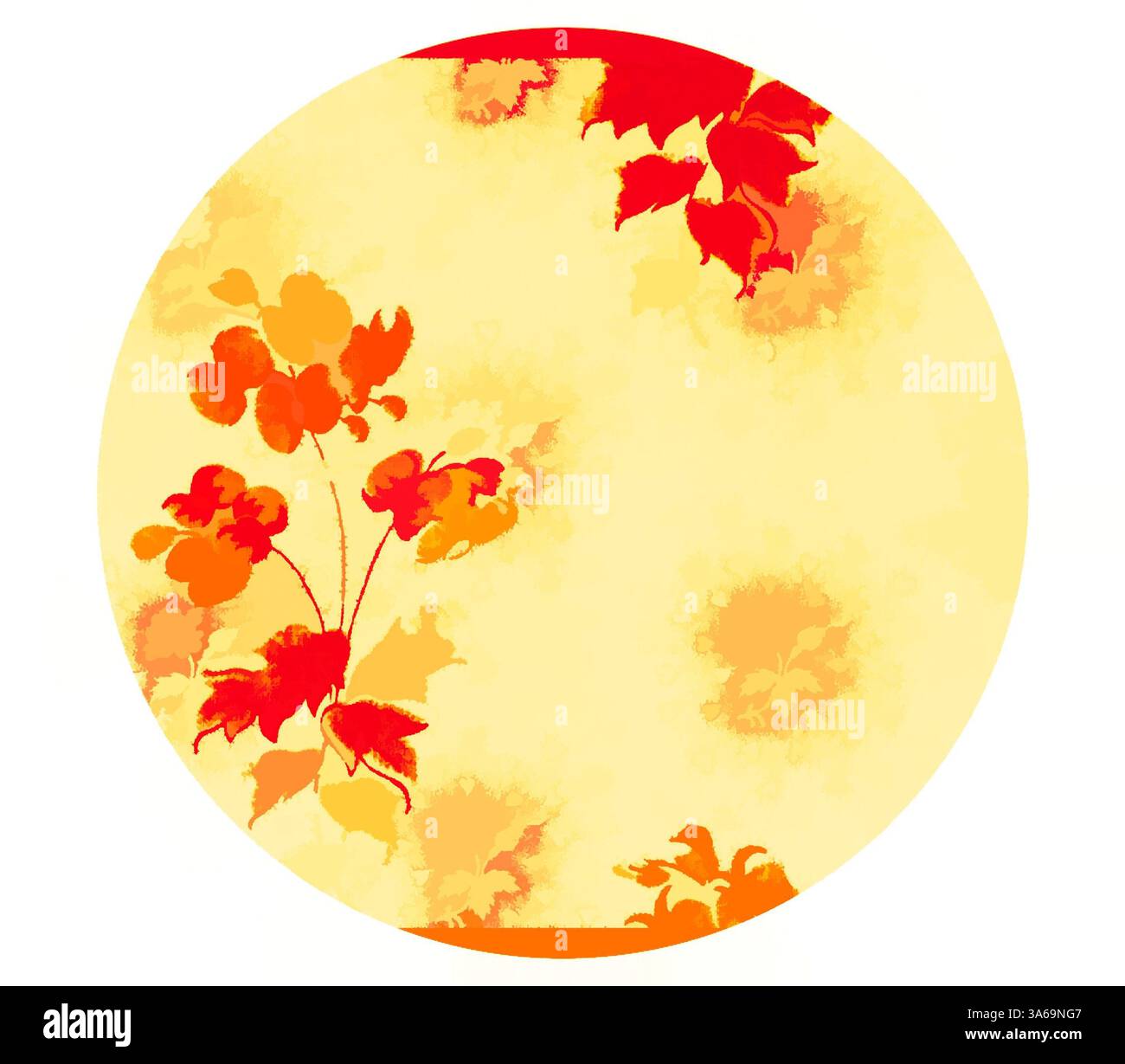 Un design circolare caratterizzato da piante fiorite in sfumature di rosso e arancione su un delicato sfondo giallo, creando un'atmosfera vivace e calda. Arte classica con un tocco moderno reinventata da Artotop, tessuti francesi trasformati, prima metà del diciannovesimo secolo Foto Stock