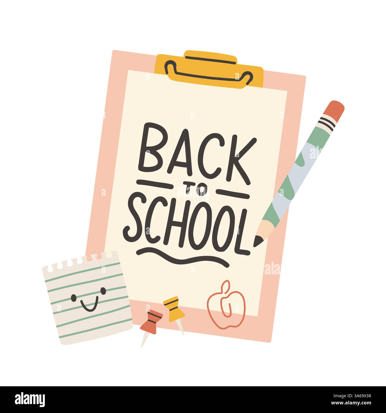 Etichetta di ritorno a scuola. Scheda poster per lo sfondo scolastico. Etichetta di vendita. Illustrazione vettoriale piatta. Badge disegnato a mano. Emblema tipografico Illustrazione Vettoriale