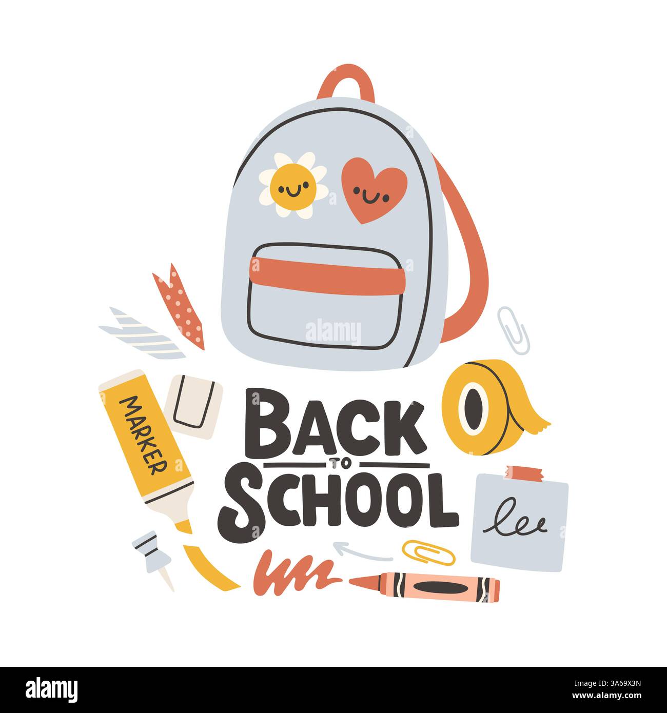 Etichetta di ritorno a scuola. Scheda poster per lo sfondo scolastico. Etichetta di vendita. Illustrazione vettoriale piatta. Badge disegnato a mano. Emblema tipografico Illustrazione Vettoriale