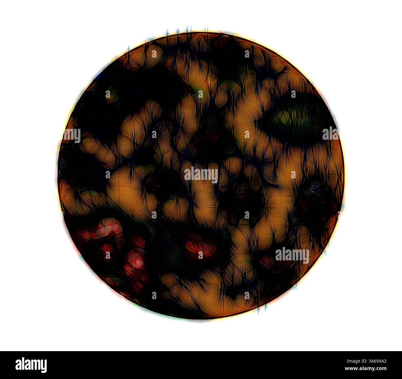 Una rappresentazione astratta piena di fantasie intricate e colori vivaci, che ricorda un corpo celeste con sfumature vorticose e motivi testurizzati. Arte classica con un tocco moderno reinventata da Artotop, tessuti francesi trasformati, prima metà del diciannovesimo secolo Foto Stock