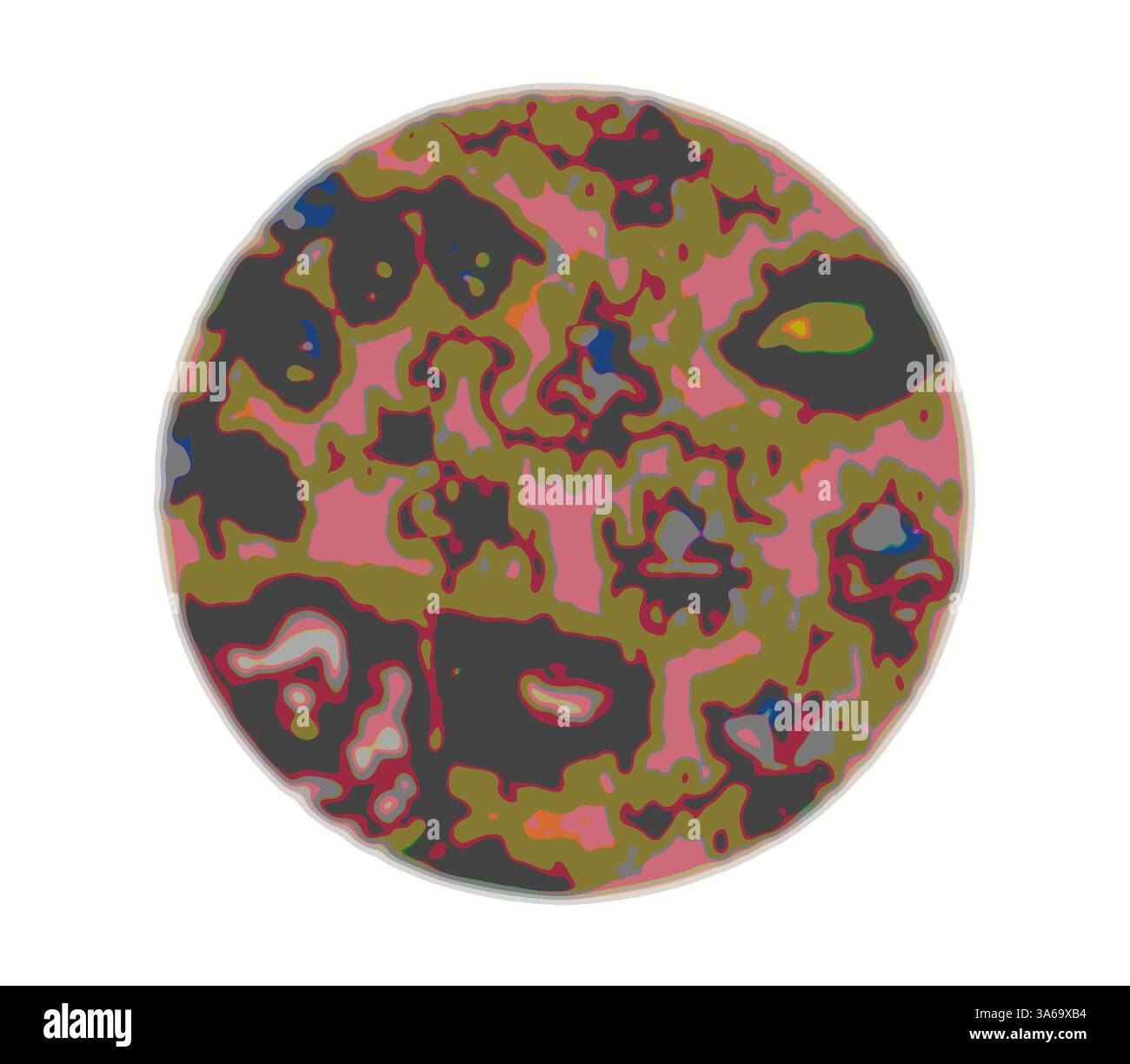 Una rappresentazione astratta caratterizzata da forme organiche e colori vivaci, simile a una mappa topografica o a una struttura biologica, con motivi intricati e sfumature contrastanti di rosa, verde e blu. Arte classica con un tocco moderno reinventata da Artotop, tessuti francesi trasformati, prima metà del diciannovesimo secolo Foto Stock