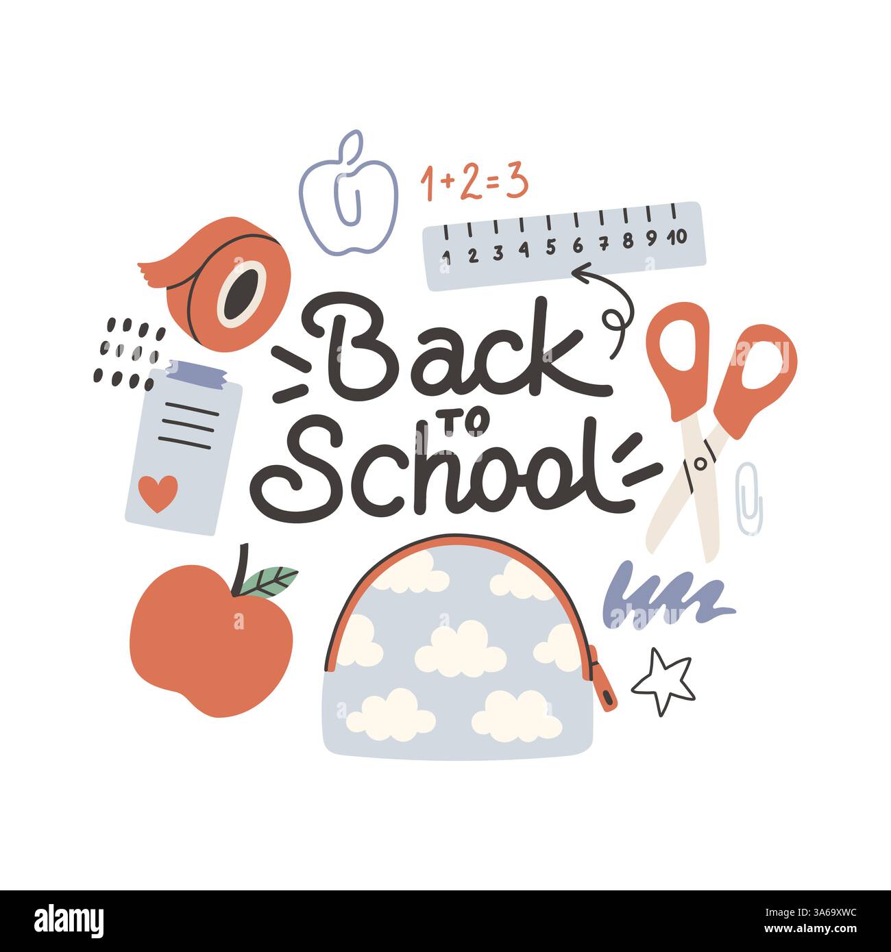 Etichetta di ritorno a scuola. Scheda poster per lo sfondo scolastico. Etichetta di vendita. Illustrazione vettoriale piatta. Badge disegnato a mano. Emblema tipografico Illustrazione Vettoriale