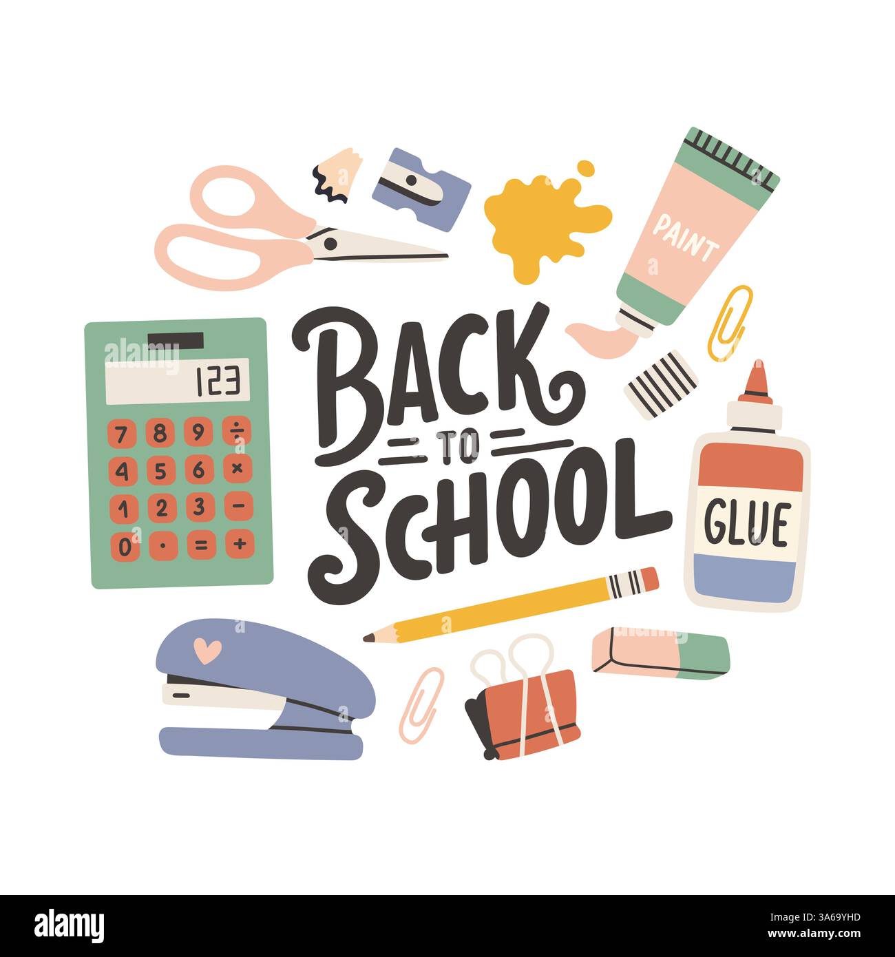 Etichetta di ritorno a scuola. Scheda poster per lo sfondo scolastico. Etichetta di vendita. Illustrazione vettoriale piatta. Badge disegnato a mano. Emblema tipografico Illustrazione Vettoriale