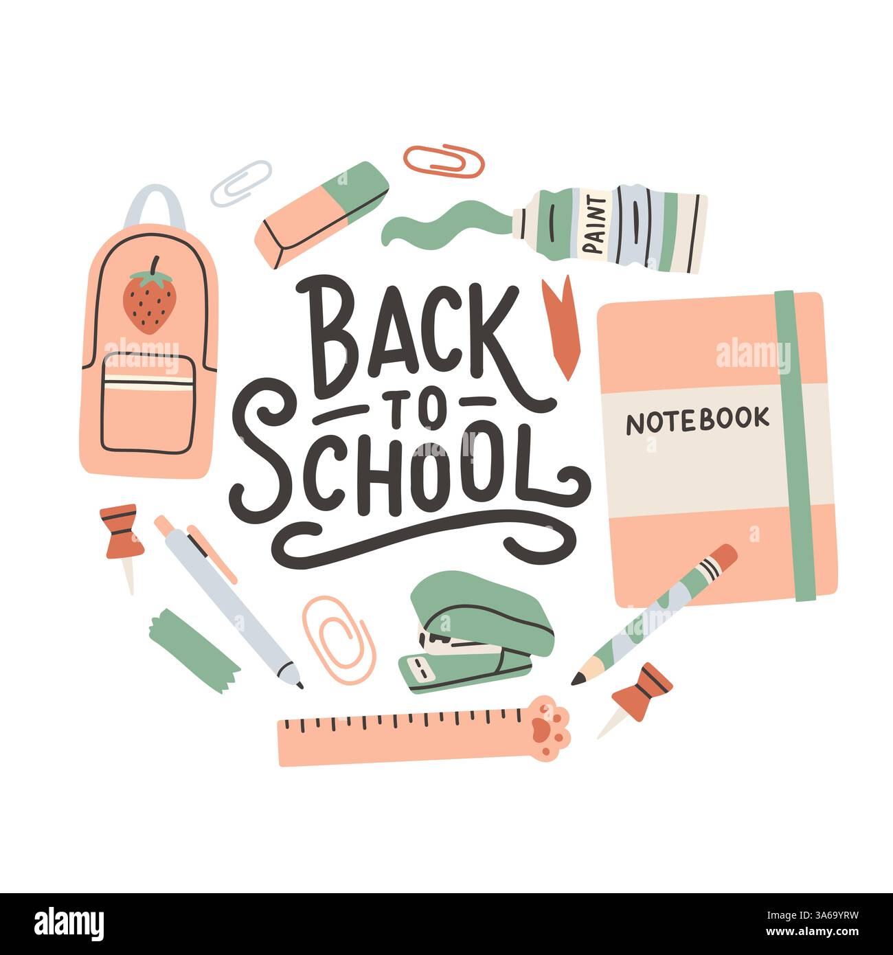 Etichetta di ritorno a scuola. Scheda poster per lo sfondo scolastico. Etichetta di vendita. Illustrazione vettoriale piatta. Badge disegnato a mano. Emblema tipografico Illustrazione Vettoriale