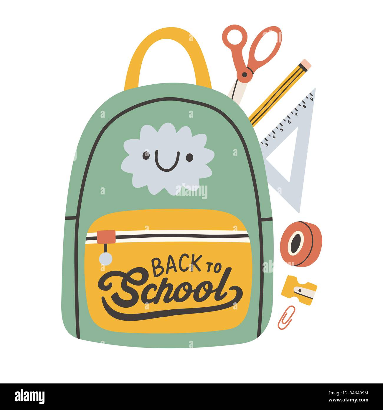 Etichetta di ritorno a scuola. Scheda poster per lo sfondo scolastico. Etichetta di vendita. Illustrazione vettoriale piatta. Badge disegnato a mano. Emblema tipografico Illustrazione Vettoriale