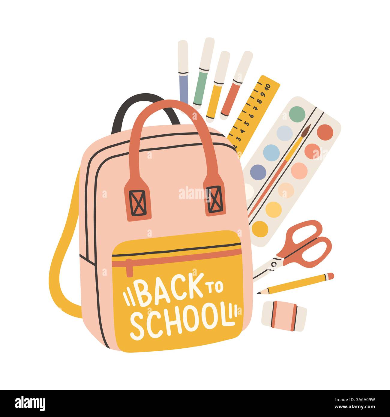 Etichetta di ritorno a scuola. Scheda poster per lo sfondo scolastico. Etichetta di vendita. Illustrazione vettoriale piatta. Badge disegnato a mano. Emblema tipografico Illustrazione Vettoriale