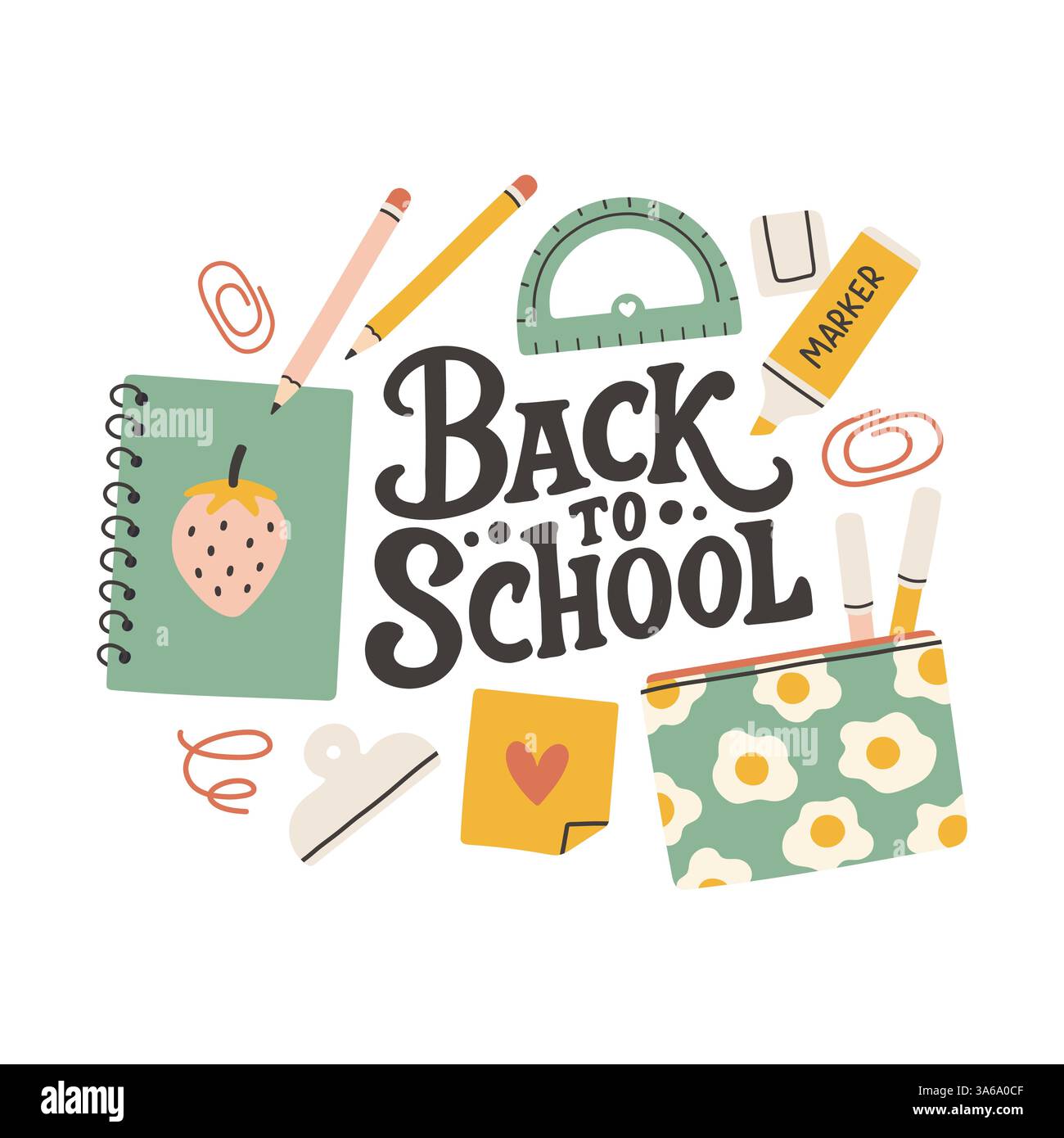 Etichetta di ritorno a scuola. Scheda poster per lo sfondo scolastico. Etichetta di vendita. Illustrazione vettoriale piatta. Badge disegnato a mano. Emblema tipografico Illustrazione Vettoriale